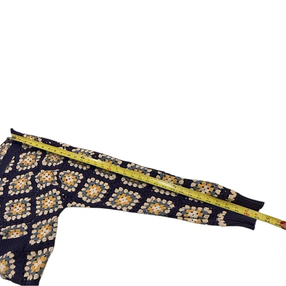 PacSun Estate Cardigan Crochet Granny Square V-Neck Button Down Sweater Navy - Picture 13 of 13